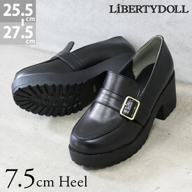 ローファー レディース 厚底 軽量 太ヒール 黒 3E 大きいサイズ 7.5cmヒール 歩きやすい 疲れにくい 痛くない ラウンドトゥ ベルト バックル 合成皮革 レザー 革靴 おしゃれ ブラック No.3055M 25.5-27.5cm リバティードール