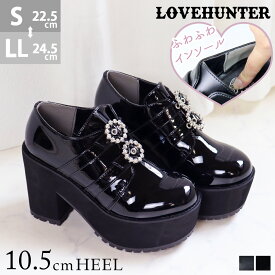 ローファー レディース 厚底 パンプス 10.5cmヒール ブーティー ハイヒール ダブルベルト ビジュー リング 飾り ラウンドトゥ 合成皮革 レザー エナメル 量産型 地雷系 参戦服 黒 ブラック No.1613 22.5-24.5cm ラブハンター