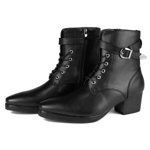 ブーツ メンズ ショートブーツ 厚底 6.5cmヒール サイドジップ レースアップ ストームブーツ 3E レザー 合成皮革 ベルトストラップ プラットフォーム プレーントゥ 黒 ブラック ロック おしゃ