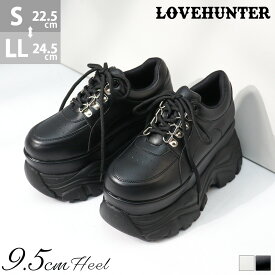 スニーカー レディース 厚底 9.5cmヒール ボリュームソール スタイルアップ Dカン レースアップ おしゃれ 学生 通学 合成皮革 PUレザー No.1688 22.5-24.5cm 黒 ブラック 白 ホワイト LOVEHUNTER ラブハンター