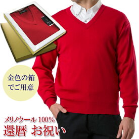 還暦 祝い メリノウール 100% Vセーター メンズ 御祝 ちゃんちゃんこ の代わりに 男性 赤 ニット V首 Vネックおしゃれ おすすめ プレゼント 人気 送料無料 ブイネック Vネック お祝い 熨斗 ウール のし ギフト ラッピング 包装 60代 シニア 着心地 高級 宛書 S M L LL 802