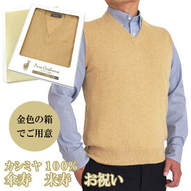 傘寿 米寿 祝い メンズ カシミヤ 100% Vベスト 御祝 ちゃんちゃんこ の代わりに 男性 黄 金 金茶 ベスト ニット Vネック ブイネック お祝い おしゃれ おすすめ プレゼント 人気 送料無料 熨斗 楽ギフ のし ギフト ラッピング 包装 宛書 S M L LL 650700-bei