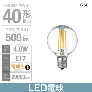 (40W����) G50 �t�B�������g LED �{�[���` E17 ���邳�F500lm�i40�`�����j ����d�́F4W 2700K LDG4LG50E17C YAZAWA