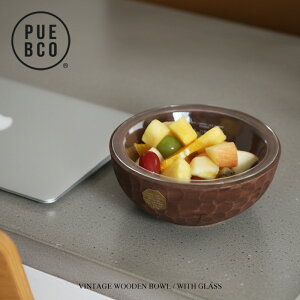 PUEBCO (vGuR) VINTAGE WOODEN BOWL / WITH GLASS re[W Ebh {E EBY KXa19.5cm×H7.5cm Ch Ebh ؐ gC Ebh Í Ö AeB[N ϔMKX T_ t[c {