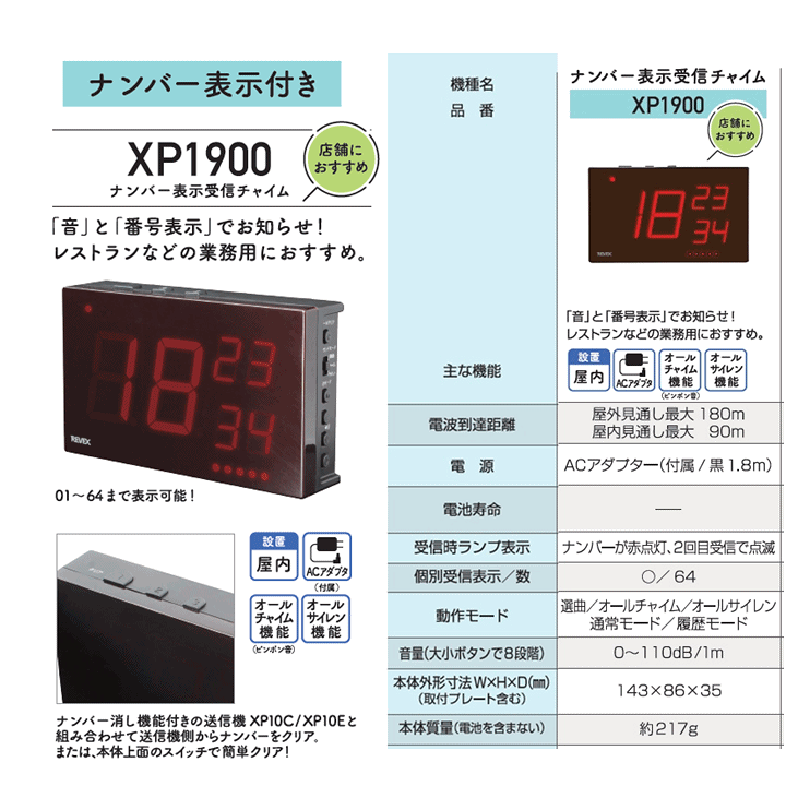 楽天市場】【送料込み】増設用 ナンバー表示呼び出しチャイム(XP1900