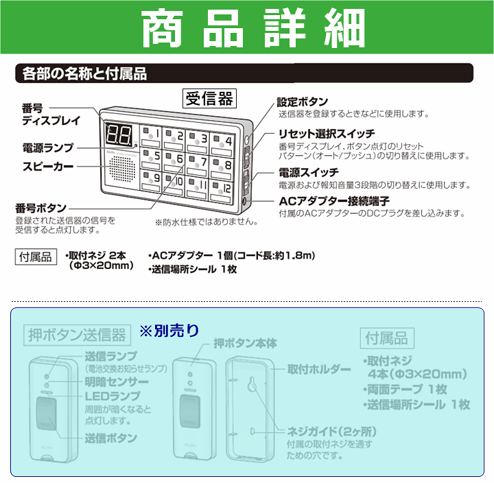 楽天市場】【送料込み】増設用 ELPA ワイヤレスチャイム12チャンネル