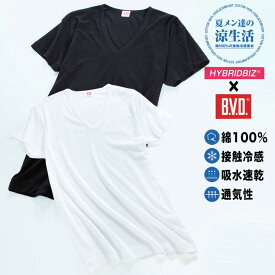 大きいサイズ メンズ B.V.D. (ビーブイディ) HYBRIDBIZ×BVD 接触冷感 綿100％ Vネック 一分袖 アンダーTシャツ カジュアル アンダーウェア 下着 シャツ 通気性 涼しい 春夏 BTCH670PS