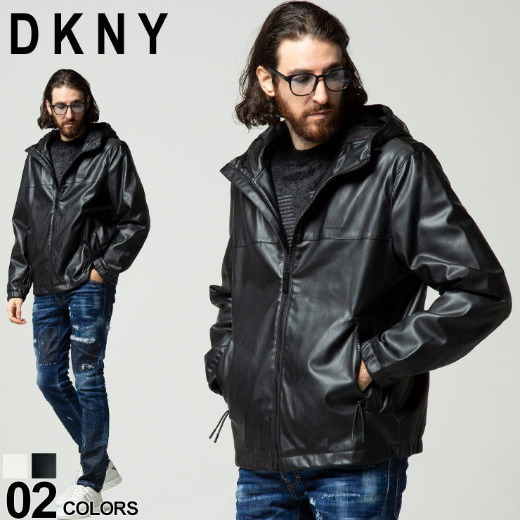 DKNY ダナキャラン ニューヨーク ジャケット メンズ フェイク レザー フード ブランド アウター ブルゾン パーカー 薄手 黒 クロ  ブラック 白 シロ ホワイト 大きいサイズ ライダース DKDX1MU992 ゼンオンライン