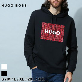 ◆エントリーでさらにポイント+4倍◆ヒューゴボス メンズ パーカー HUGO BOSS ブランド フーディー トップス 長袖 スウェット ロゴ プリント プルオーバー リラックスフィット セットアップ 対応 コットン 綿 白 黒 大きいサイズ HBRDREE10243311 SALE_1_e