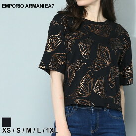 アルマーニ Tシャツ レディース EMPORIO ARMANI EA7 エンポリオ アルマーニ カットソー 半袖 総柄 プリント ショート丈 クルーネック 黒 クロ ブランド トップス シャツ 大きいサイズあり EA7L3RTT16TJDZ sale_8_a
