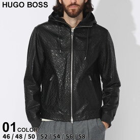 ヒューゴボス アウター HUGO BOSS メンズ ジャケット レザージャケット エンボスモノグラム フルジップ 黒 クロ ブランド ブルゾン フード レザー リラックスフィット 大きいサイズあり HB50497890