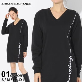 ◆エントリーでさらにポイント+4倍◆アルマーニ ワンピース ARMANI EXCHANGE アルマーニエクスチェンジ レディース トレーナー スウェット ロゴ 刺繍 Vネック ロング 黒 クロ ブランド トップス プルオーバー 裏毛 大きいサイズあり AEL6RYA70YJBRZ SALE_8_a