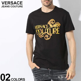 ヴェルサーチェ Tシャツ VERSACE JEANS COUTURE メンズ カットソー 半袖 ウォーターカラープリント シロ 白 クロ 黒 ブランド トップス シャツ スリムフィット 大きいサイズあり ベルサーチ VC76GAHG00