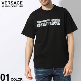 ヴェルサーチェ Tシャツ VERSACE JEANS COUTURE メンズ カットソー 半袖 ラインストーン ロゴ 黒 クロ ブランド トップス シャツ レギュラーフィット 大きいサイズあり VC76GAHC03