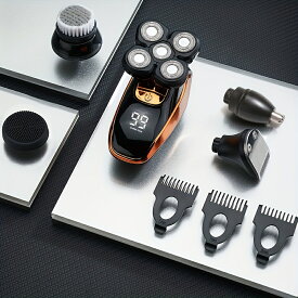 電動ヘッドヘアシェーバーLEDディスプレイ - 究極のメンズコードレス充電式ウェット/ドライスカル＆ハゲ頭用レイザー、回転ブレード、クリッパー、鼻毛トリマー、ブラシ、マッサージャー