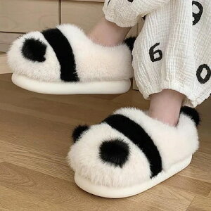 ルームシューズもこもこパンダかわいいレディースメンズ冬冬用スリッパかかと付きあったかファーふわふわもこもこスリッパルームブーツ足元暖かい発熱防寒保温室内履きアニマル動物キ