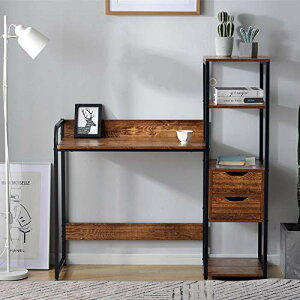 パソコンデスク 引き出し付き 3段シェルフ付 木製 ミシン台 書斎机 学習机 勉強机 オフィス 在宅勤務 (ホワイト)