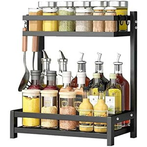 ラック スパイスラック 2段 収納 大容量 防錆 省スペース おしゃれ 組み立てが簡単 4フック付き ブラック