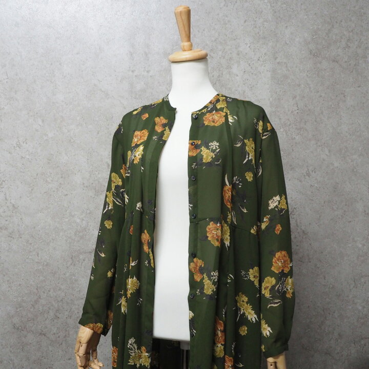 楽天市場 中古 新古品 Clane クラネ Bloom Flower Long One Piece フレアワンピース ロングワンピース 花柄 ワンピース レディース 羽織 長袖 古着 スリットなし カーキ Zerosix