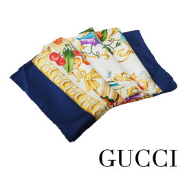 【中古】【良い】 GUCCI グッチ LE LEGGENDE スカーフ ショール レディース フローラ 花柄 馬 果物 シルク ネイビー/ホワイト