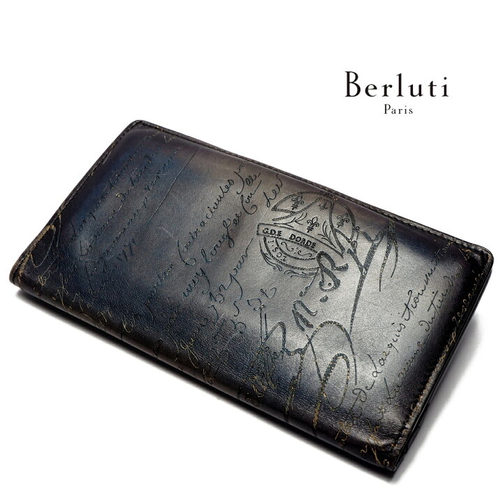 楽天市場 中古 可 Berluti ベルルッティ 長財布 二つ折り財布 エベネ スクリット カリグラフィ パティーヌ ヴェネツィアレザー 紺色 黒色 メンズ ブランド財布 Zerosix