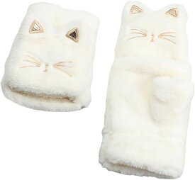 手袋 ネコ 猫顔 レディース ミトン 付け外し 指 出せる 4色 スマホ操作 防寒 裏起毛 ふわふわ モコモコ ニット ぬいぐるみ (ホワイト, Free Size)