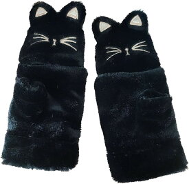手袋 ネコ 猫顔 レディース ミトン 付け外し 指 出せる 4色 スマホ操作 防寒 裏起毛 ふわふわ モコモコ ニット ぬいぐるみ (ブラック, Free Size)