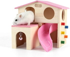 ハムスターハウス 木の家 ケージ 2階建 小動物 アスレチック 滑り台付き (ピンク)