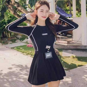 水着 レディース 長袖 ワンピース スカート セパレート 体型カバー 日焼け止め ジップアップ 温泉 海水浴 プール ポリエステル 黒 ブラック M L XL XXL(x2)