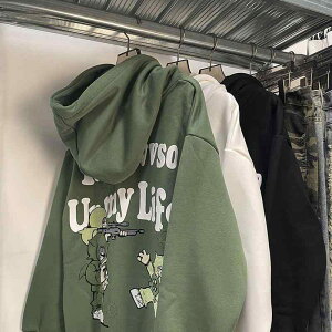 スウェット メンズ 男性用 秋冬 裏起毛 プリント パーカー ゆったり カジュアル ストリート系 トップス 緑 黒 白