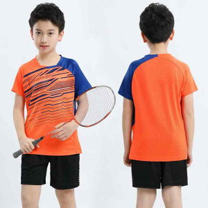 バドミントンウェア キッズ 男性用 卓球ウェア トレーニングウェア ポリエステル 吸湿速乾 スポーツウェア 白色 橙色 藍色