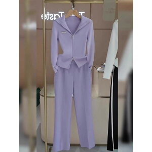 セットアップ レディース 秋 上下セット 2点セット 長袖 トップス ワイドレッグパンツ ゆったり 普段使い 通勤 カジュアル 紫 パープル系 きれいめ
