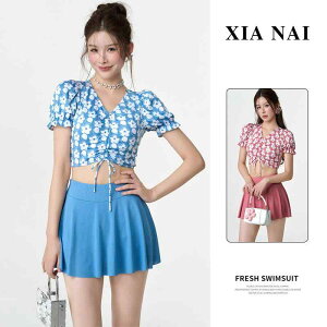 水着 レディース 韓国風 小花柄 半袖 セパレート 体型カバー ビーチウェア ピンク系 ブルー グリーン(x2)