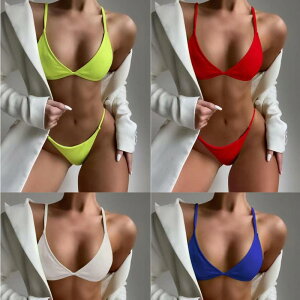 ビキニ レディース 水着 2点セット 無地 スイムウェア セパレート ファッション かわいい ビーチ 蛍光イエロー レッド ホワイト ブルー S M L XL