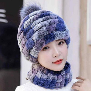帽子 レディース 秋冬 防寒 暖かい ラビットファー ニット帽 ネックウォーマー セット 霜黒 七彩緑 石榴紅 デニムブルー