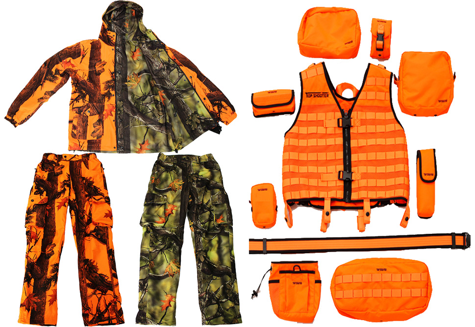 TOP SHOOTER 3年保証 ハンティングジャケット 狩猟用 サバゲー 期間限定 オレンジ 特別価格 トップシューターモジュラーハンティングベストセット グリーン Mサイズ上下セット リバーシブル迷彩ジャケット+迷彩パンツ2本 激安通販の