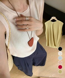サマーニットタンクトップ 背中開き 夏服 前後2WAYリブニット ノースリーブトップス レディース ラウンドネックプルオーバー バックオープンニットソー きれいめ 80ZHONGYI-002