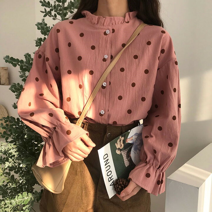 楽天市場】「短納期」2colorドット柄シャツ ブラウス ホワイト ピンク 