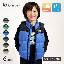 【~16%OFF】 キッズ 中綿ベスト 男の子 女の子 撥水加工 洗える ポケット付 中綿アウター 中わた入り 軽量 フード無し GrinLab グリンラボ アウトドア 保温 防寒 防寒着 ナイロン 冬服 あたたかい 暖かい 軽い 雨具 通園 通学 切替 ロゴ 90 100 110 120 130 140 150 160