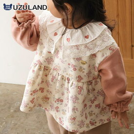 スウェットトレーナー 長袖 襟付き 裏起毛 起毛あり 重ね着風 花柄 女の子 ガールズ 【UZULAND ウズランド】 キッズ ベビー ジュニア スエット プルオーバー ガーリー ブラウス風 パイル ロンt カットソー フラワー 小花 ピンク アプリコット 80 90 95 100 110 120 130