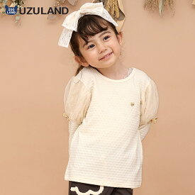 【~9%OFF】 ガールズ ロンT Tシャツ 長袖 肩シフォン ジャカード 重ね着風 女の子 キッズ ベビー チャーム付【UZULAND ウズランド】長袖Tシャツ シフォントップス 切替 天竺 チュール ティーシャツ カットソー アイボリー ピンク 女子 80 90 95 100 110 120 130