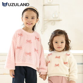 【~15%OFF】 ガールズ トレーナー フリース ファー 長袖 袖リブ 裾リブ チャーム付き 女の子 キッズ ベビー【UZULAND ウズランド】 サテン リボン ボア 起毛 裏起毛 暖かい 保温 防寒 丸首 スウェット ピンク アイボリー 80cm 90cm 95cm 100cm 110cm 120cm 130cm