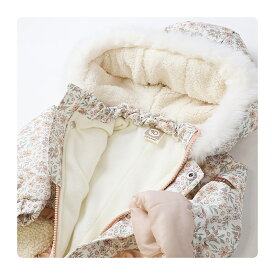 ベビー キッズ ジャンプスーツ 中綿入り 撥水加工 女の子 ガールズ【UZULAND ウズランド】アニマル 動物 うさぎ 花柄 フラワー ハート 総柄 ジップ 前開き 全開 フード付き ファー スノーウェア スキーウェア スノーコンビ つなぎ 防寒 雪遊び 外遊び 真冬 80 90 95 100