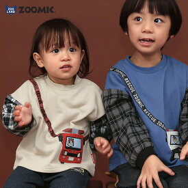 【~17%OFF】 キッズ トレーナー 長袖 裏毛 起毛なし プリント ベビー トップス 袖チェック パトカー 消防車 自動車 くるま アニマル 動物 くま 男の子 女の子 ZOOMIC ズーミック スウェット 肩ボタン クマ 働く車 アップリケ ポシェット風 80 90 95 100 110 120 130