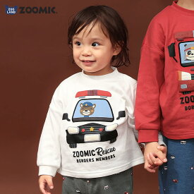 【~10%OFF】 キッズ ロンT Tシャツ 長袖 プリントT ベビー トップス パトカー 消防車 自動車 くるま アニマル 動物 くま 男の子 女の子【ZOOMIC ズーミック】 カットソー 肩ボタン 天竺 バックプリント キャラクター クマ 働く車 白 赤 ホワイト 80 90 95 100 110 120 130