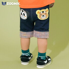 【~21%OFF】 キッズ 5分丈パンツ ハーフパンツ 男の子 女の子 ニットデニム チェック 折り返し ZOOMIC ズーミック ベビー ストレッチ ズボン ボトムス 伸縮 ウエストゴム アニマル 動物 コアラ とら くま パンダ 動物園 キャラクター 男児 女児 80 90 95 100 110 120 130