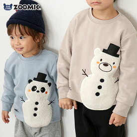 キッズ トレーナー 長袖 裏起毛 ボア アップリケ ベビー スウェット トップス アニマル 動物 くま パンダ 雪だるま 男の子 女の子 【ZOOMIC ズーミック】 パイル 配色 プードルボア 肩ボタン 暖かい あったかい かわいい 可愛い キャラ クマ 80 90 95 100 110 120 130