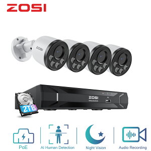 防犯カメラpoe 監視カメラ屋外 400万画素 poe防犯カメラ4台セット 8ch 500万画素poe給電防犯レコーダー hdd2tb内蔵 4台poe防犯カメラ 金属製 ai人体検知 夜間カラー 動体検知 監視カメラ 車上荒らし