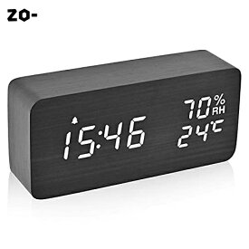 デジタル目覚まし時計 木製置き時計 LED時間表示3目覚まし時計設定 USB給電 湿度と温度検出電子時計、寝室、ベッドサイドテーブル、机、オフィス、子供、家族に適しています (ブラック)