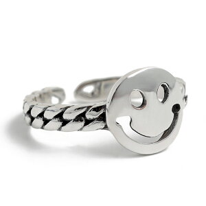 シルバー925 レディースリング スマイル スマイリーフェイス 編み込み シルバー S925 指輪 金属アレルギー対応 フリーサイズ オープンリング